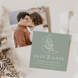 Save The Date Élégant Botanique Lune et Étoiles Vert Sauge