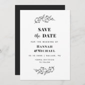 Save The Date Elégant Botanique noir & blanc Drawn Greenery (Devant / Derrière)