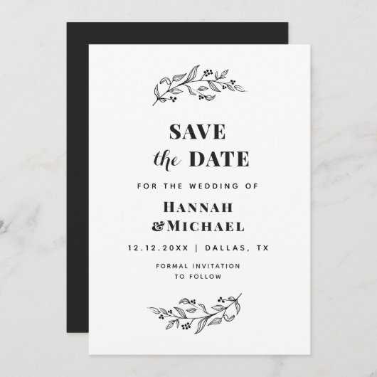 Save The Date Elégant Botanique noir & blanc Drawn Greenery (Devant / Derrière)