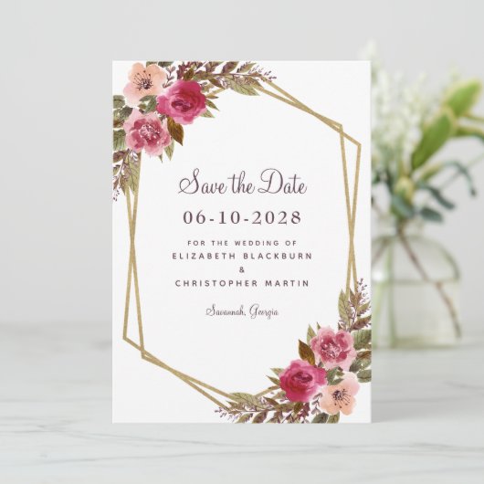 Save The Date Elégant Botanique Or Vert Vert Aquarelle Florale (Debout devant)