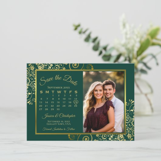 Save The Date Elégant Boucles d'or Emerald Calendrier Mariage ph (Debout devant)