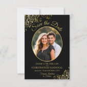 Save The Date Elégant Boucles d'or Oval Photo Black Mariage (Devant)