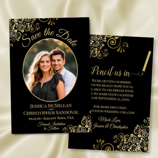 Save The Date Elégant Boucles d'or Oval Photo Black Mariage