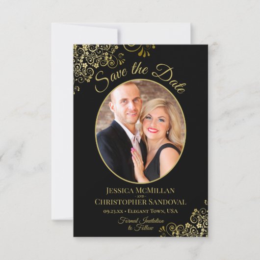 Save The Date Elégant Boucles d'or Oval Photo Black Mariage (Devant)
