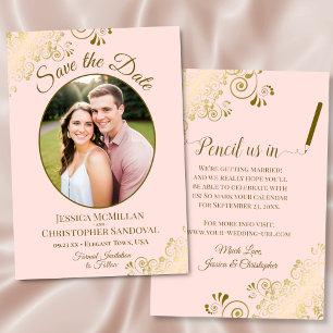 Save The Date Élégant Boucles Dorées Ovale Photo Rose Pâle Maria