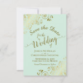 Save The Date Elégant boucles et perles d'or sur Mariage vert de (Devant)