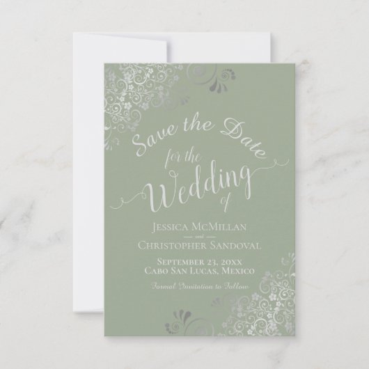 Save The Date Elégant boucles gris argent Mariage vert sage (Devant)