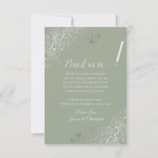 Save The Date Elégant boucles gris argent Mariage vert sage (Dos)