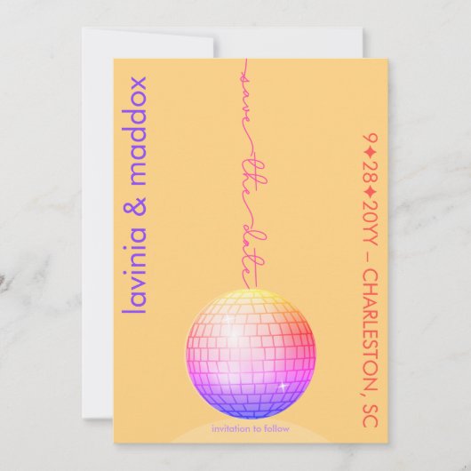 Save The Date Élégant boule Disco Orange et Mariage Hot Rose (Devant)