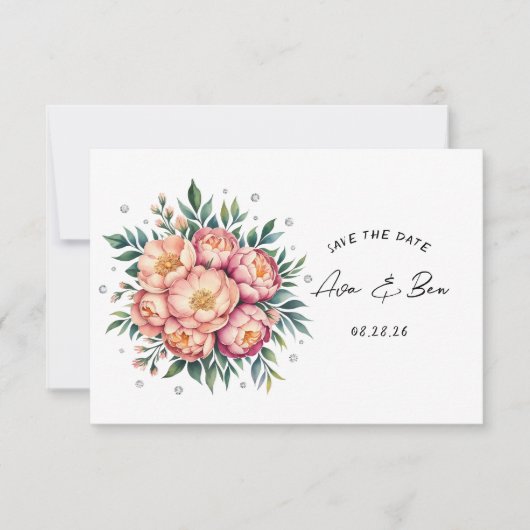 Save The Date Elégant bouquet de pêche avec Mariage de diamants (Devant)