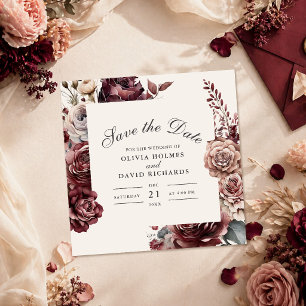 Save The Date Élégant Bourgogne & Rose Poussiéreuse Fleurs Faire