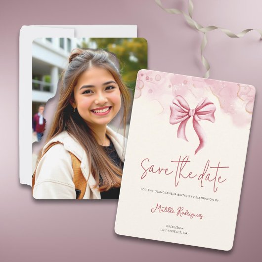 Save The Date Elégant Bow Rose Quinceañera Photo