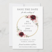 Save The Date Élégant Burgundy Blush Floral Circle Gold Mariage (Devant)
