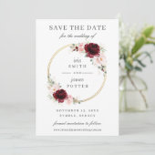 Save The Date Élégant Burgundy Blush Floral Circle Gold Mariage (Debout devant)
