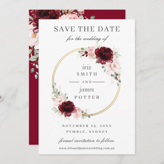 Save The Date Élégant Burgundy Blush Floral Circle Gold Mariage (Devant / Derrière)