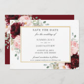 Save The Date Élégant Burgundy Blush Rose Floral Rose Mariage (Devant / Derrière)