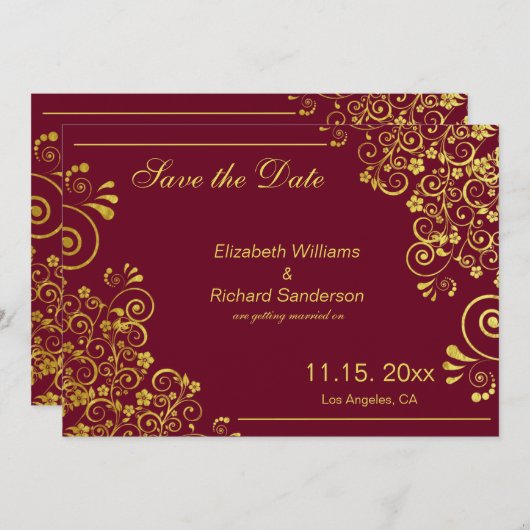 Save The Date Elégant Burgundy Gold Enregistrer le Mariage de da (Devant / Derrière)