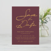 Save The Date Elégant Burgundy Gold Mariage de typographie moder (Debout devant)