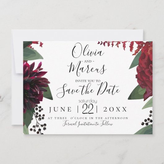 Save the date | Elegant Burgundy Marsala Floral Kaart (Voorkant)