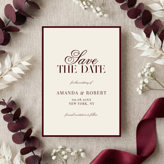 Save The Date Elegant Burgundy Old Money Wedding