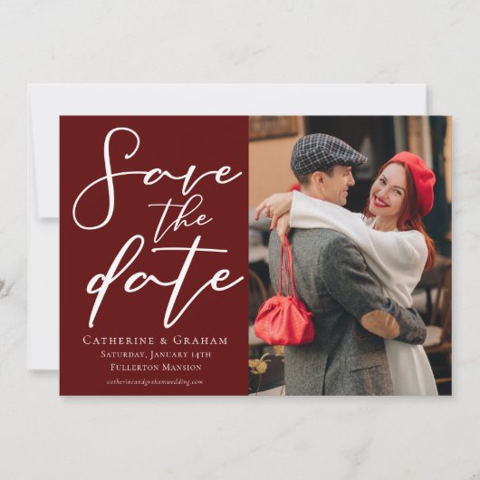 Save The Date Élégant Burgundy Script Couple Photo (Devant)