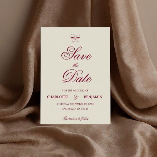 Save The Date Elegant Burgundy Script Cream Ivory Bow Wedding
