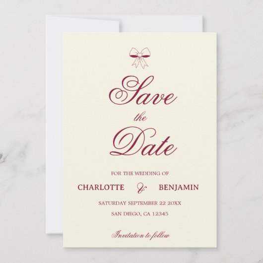 Save The Date Elegant Burgundy Script Cream Ivory Bow Wedding (Devant)