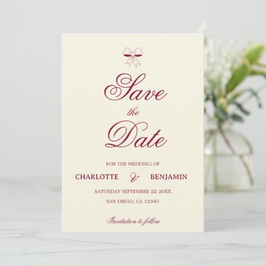 Save The Date Elegant Burgundy Script Cream Ivory Bow Wedding (Debout devant)