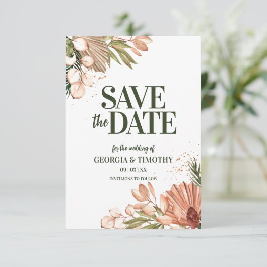 Save The Date Elégant cadre de fleurs Boho (Debout devant)
