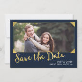 Save The Date Elégant cadre Faux Gold Blue Photo Enregistrer la  (Devant)