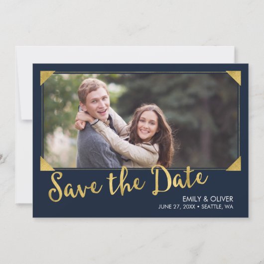 Save The Date Elégant cadre Faux Gold Blue Photo Enregistrer la  (Devant)