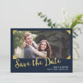 Save The Date Elégant cadre Faux Gold Blue Photo Enregistrer la  (Debout devant)