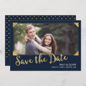 Save The Date Elégant cadre Faux Gold Blue Photo Enregistrer la  (Devant / Derrière)