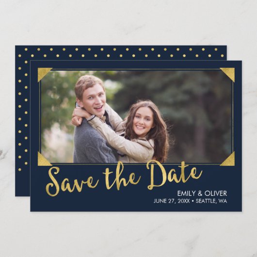 Save The Date Elégant cadre Faux Gold Blue Photo Enregistrer la  (Devant / Derrière)