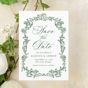 Save The Date Élégant Cadre Floral Victorien Vert Mariage