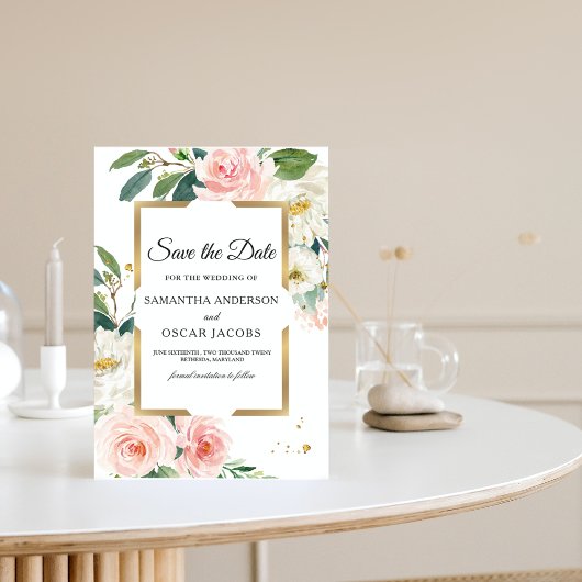Save The Date Elégant cadre rose rose floral or & gouttes