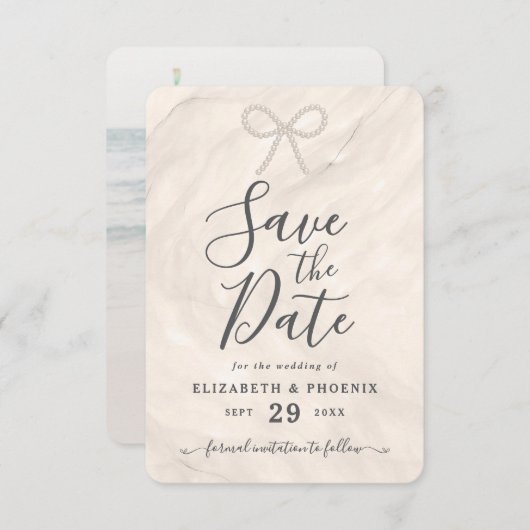 Save The Date Elegant Champagne Pearl Bow Custom Photo Wedding (Devant / Derrière)