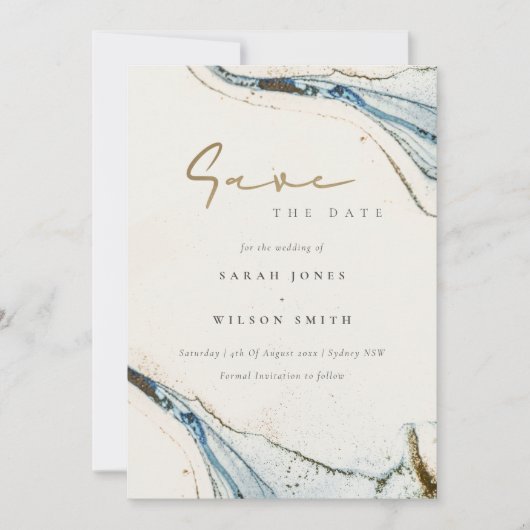 Save The Date Elégant Chic Abstrait Aquarelle Bleu Or Plage (Devant)