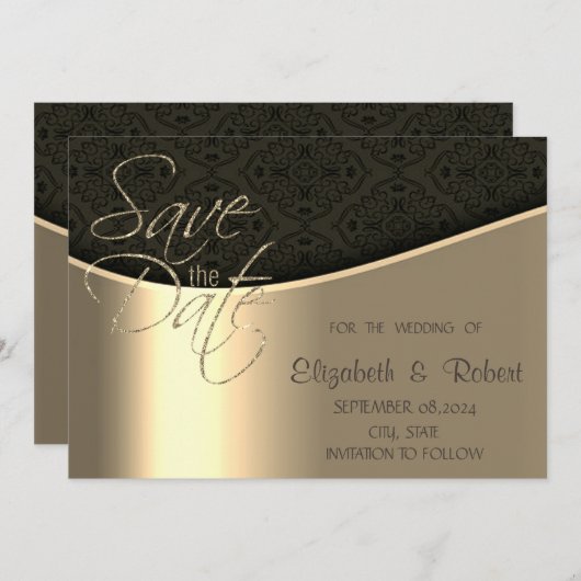 Save The Date Élégant Chic Black Damask Or Enregistrer La Date (Devant / Derrière)