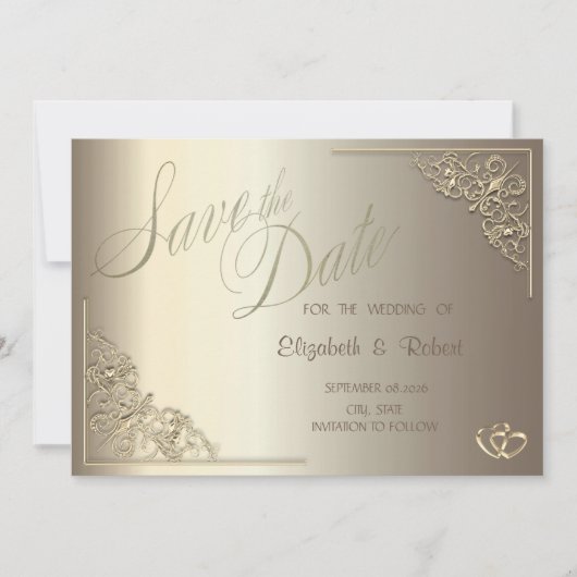 Save The Date Élégant Chic Cadre Cœurs Dorés Enregistrer La Date (Devant)