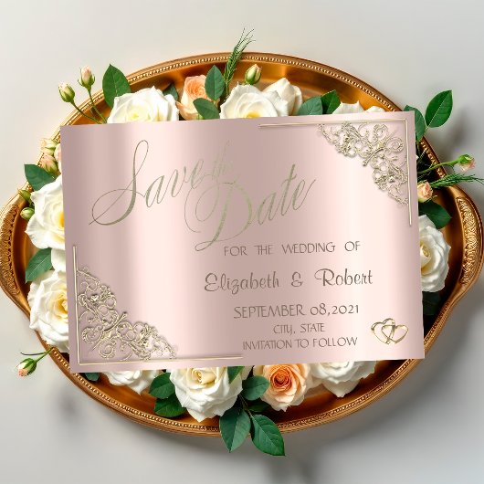 Save The Date Élégant Chic Cœurs Dorés, Cadre Rose Gold
