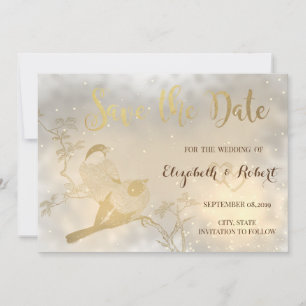 Save The Date Élégant Chic Cœurs en Or, Oiseaux Faire Part