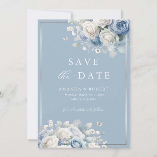 Save The Date Élégant chic Dusty Blue Boho Floral Enregistrer la (Devant)