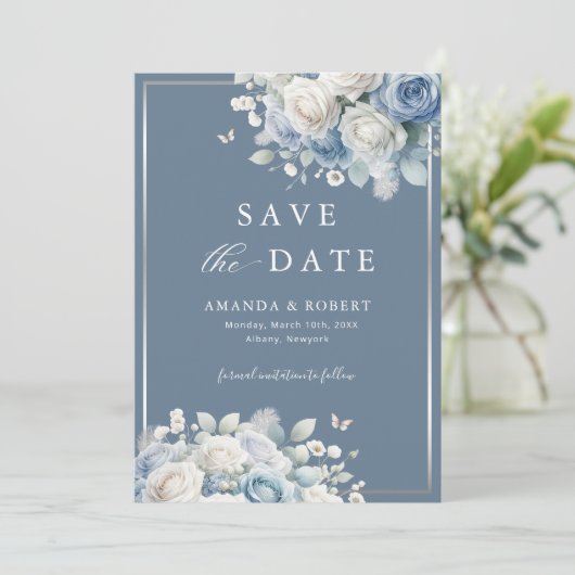 Save The Date Élégant chic Dusty Blue Boho Floral Enregistrer la (Debout devant)
