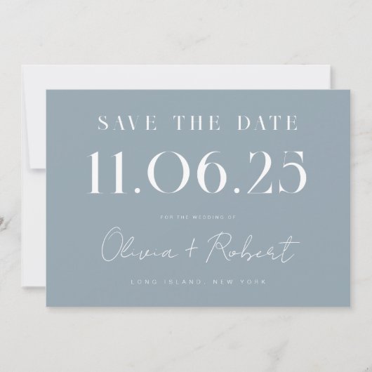 Save The Date Élégant Chic Dusty Blue Mariage Date Enregistrer L (Devant)