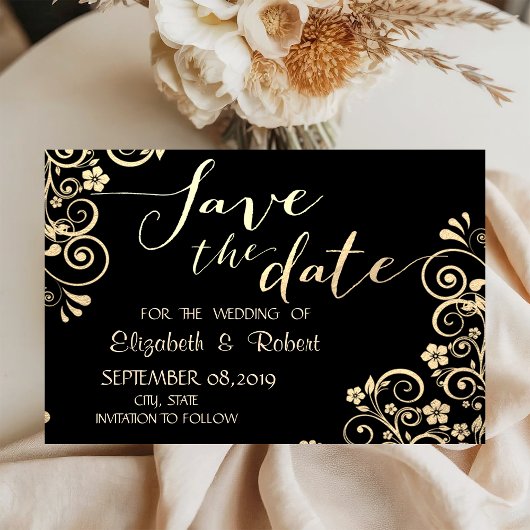 Save The Date Élégant Chic Fleurs Dorées Enregistrer La Date