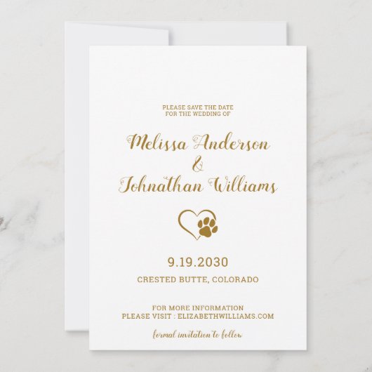 Save The Date Elegant Chic Gold Custom Pet Photo Chien Mariage (Dos)
