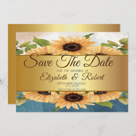 Save The Date Élégant Chic Gold Sunflowers Enregistrer La Date (Devant / Derrière)