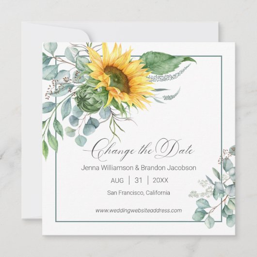 Save The Date Elégant chic Sunflower Eucalyptus Modifier la date (Devant)