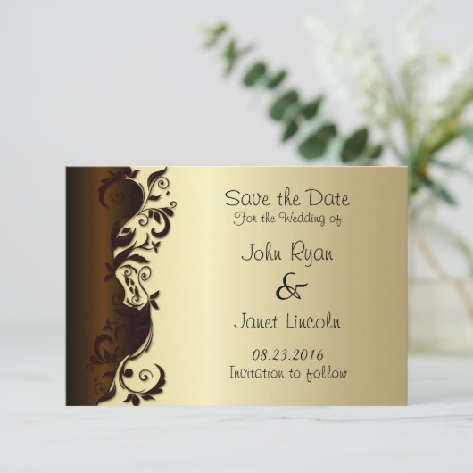 Save The Date Élégant Chocolat Brown et or Mariage floral (Debout devant)